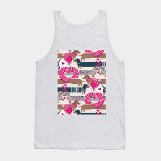 Dachshunds long love // beige background fuchsia pink hearts scarves sweaters and other Valentine's Day details brown nile blue and dark grey spotted funny doxies dog puppies Tank Top